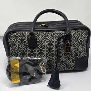 Loewe Navy Leather & Beige Anagram Canvas Top-Handle Satchel